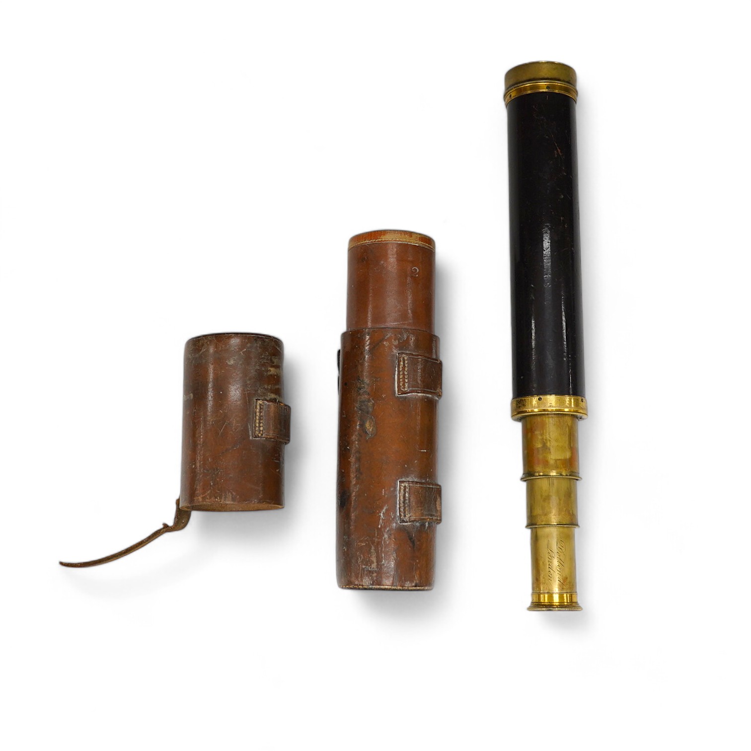 A leather cased Dolland three draw telescope, 72cm fully drawn. Condition - fair considering use